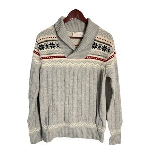 Vintage 60s Jantzen Gray Wool Shawl Collar Fair Isle Cable Sweater Christmas M